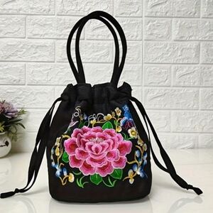 Floral Embroidered Black Drawstring Bag